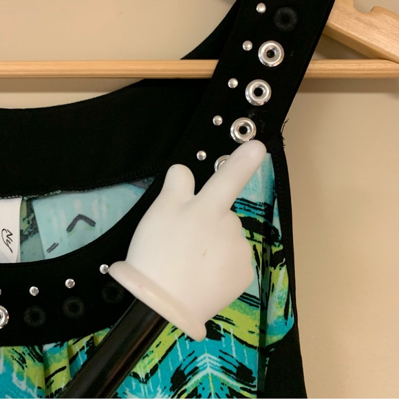 ๐ Blue Green Dress 1X XL Sheath Mini Geometric Pattern Black Sleeveless Summer - Picture 10 of 12